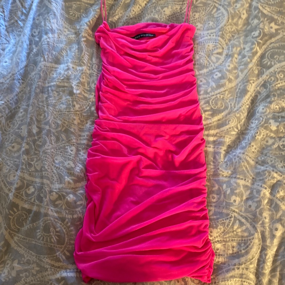 Hot pink slip dress, Naked Wardrobe brand.